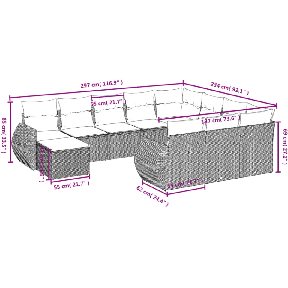vidaXL 11-delige Loungeset met kussens poly rattan grijs, foto 2