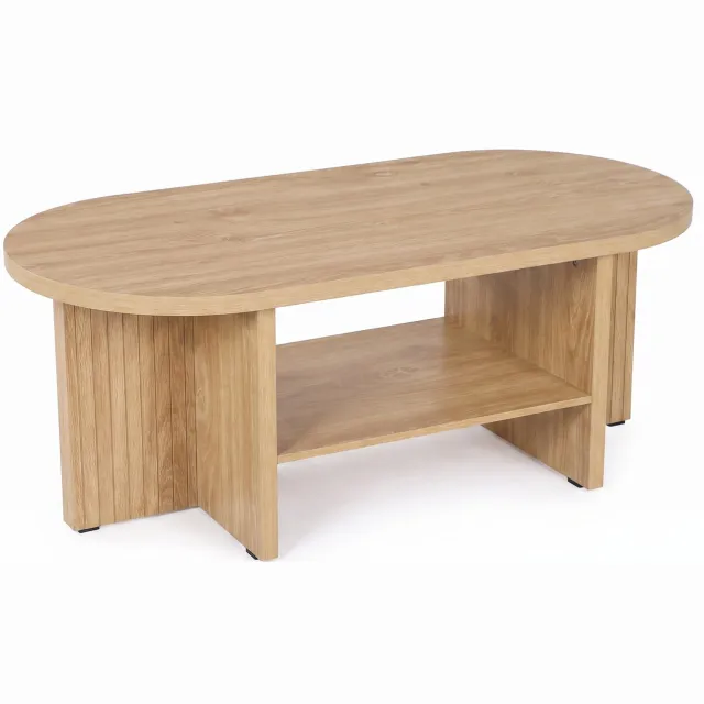 SensaHome Japandi Salontafel Ovaal – Koffietafel met Open Legplank en Geribbeld Onderstel – 110x50x43 cm – Eiken
