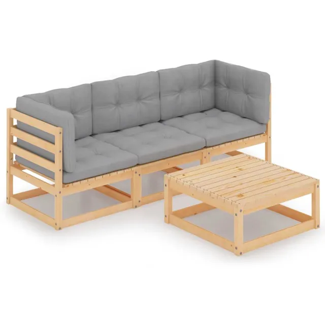 vidaXL 4-delige Loungeset met kussens massief grenenhout grijs, foto 2