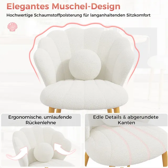 FloraGrace Eetkamerstoel 60 x 62,5 x 83 cm – Set Van 2 Met Schelpdesign – Teddy Stof En Metalen Poten – Eetkamer Of Kaptafel – Wit
