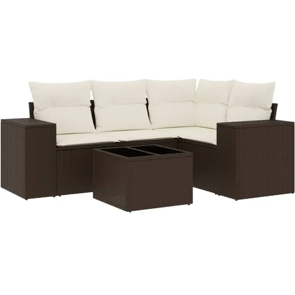 vidaXL 5-delige Loungeset met kussens poly rattan bruin