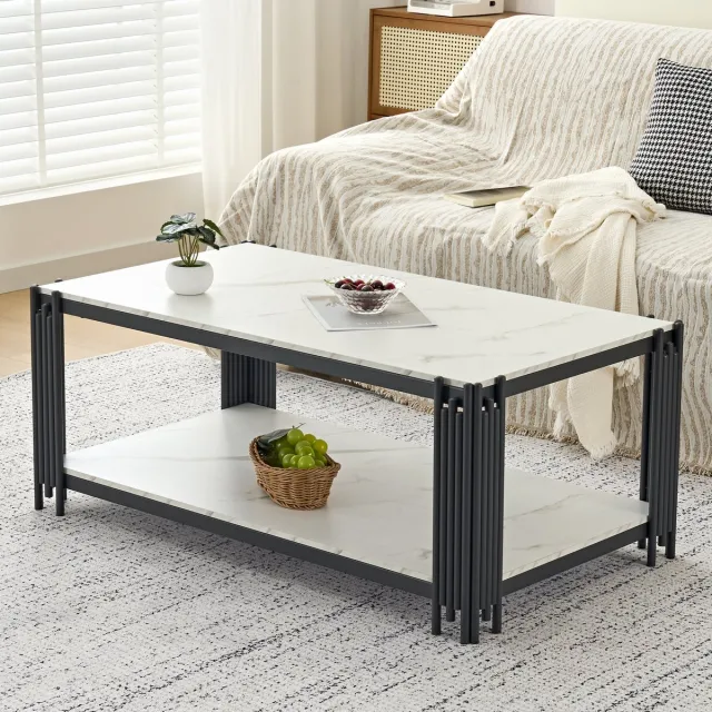 DESMIU Salontafel - Marmerlook Blad Met Metalen Poten - Modern Voor Woonkamer En Lounge - MDF En Metaal - Wit Zwart - 114x64x46 Cm
