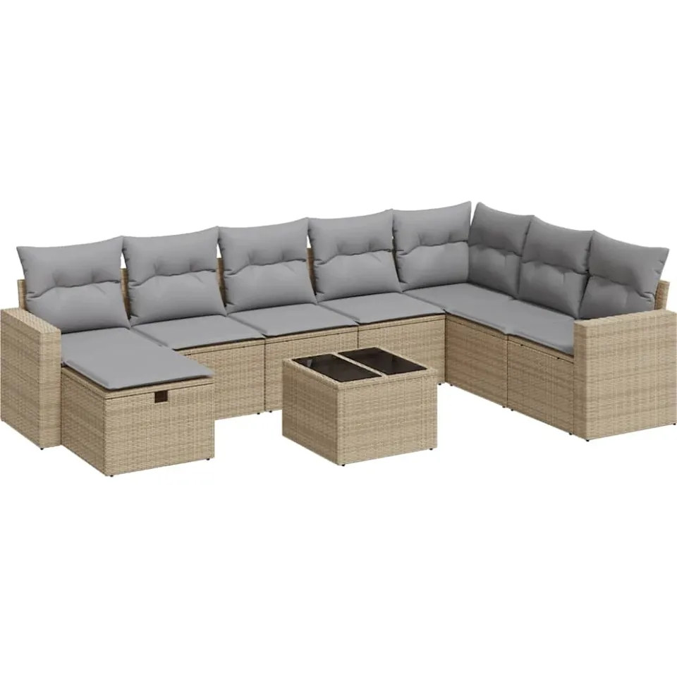 vidaXL 9-delige Loungeset met kussens poly rattan beige, foto 3