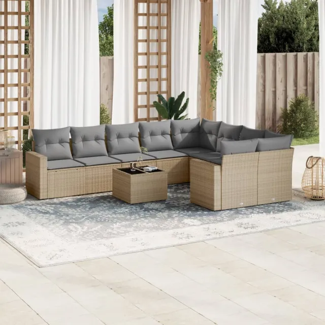 vidaXL 10-delige Loungeset met kussens poly rattan beige, foto 2