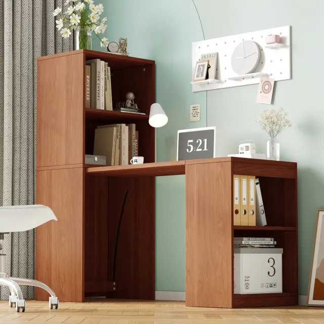 Pugsdrly 130 × 51 × 137 cm multifunctionele klaptafel, die een bureau en kast in één ontwerp combineert, vier opbergvakken voor efficiënte organisatie, hoog draagvermogen, walnoothoutkleur.