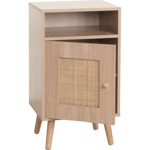 MCW Nachtkastje MCW-M39, nachtkastje salontafel bijzettafel, opbergvakken, Kubu rotan hout melamine, eiken look 71x40x41cm bruin