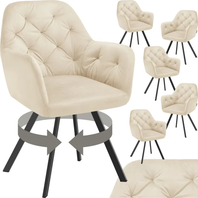 Tectake Draaistoel Fluweellook – Eetkamerstoel met Armleuningen – Ergonomische Zitting en Rugleuning – 180° Draaibaar – Moderne Stalen Poten – Set van 6 – Crème