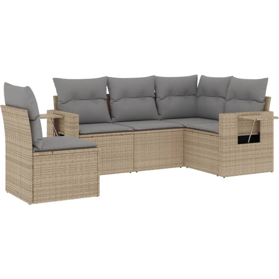 vidaXL 5-delige Loungeset met kussens poly rattan beige