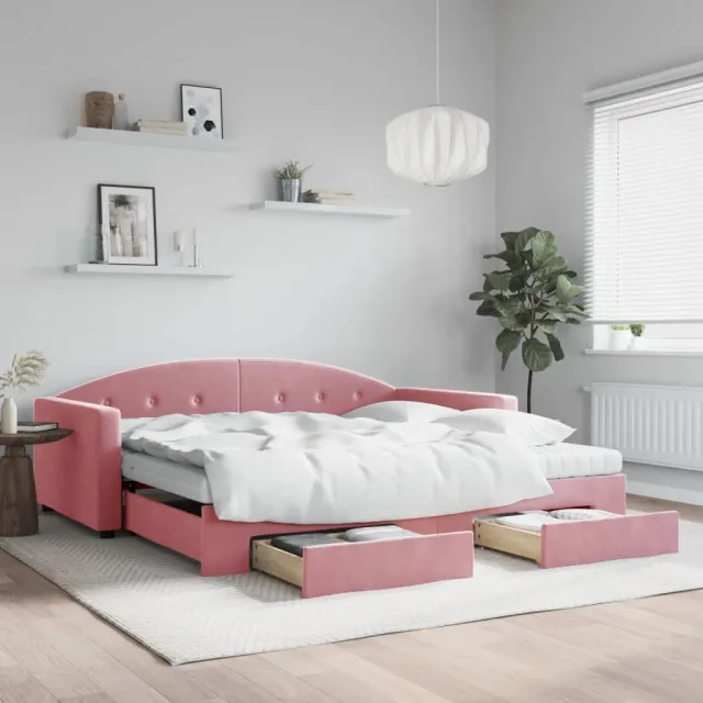 vidaXL Slaapbank met onderschuifbed en lades 100x200 cm fluweel roze