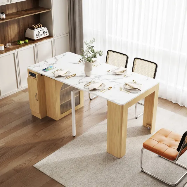 MEUNIQ Uitbreidbare eettafel en keukenisland met rollen, opbergruimte, witte marmerlook, natuurlijke houtkleur, voor keuken en eetkamer Natural