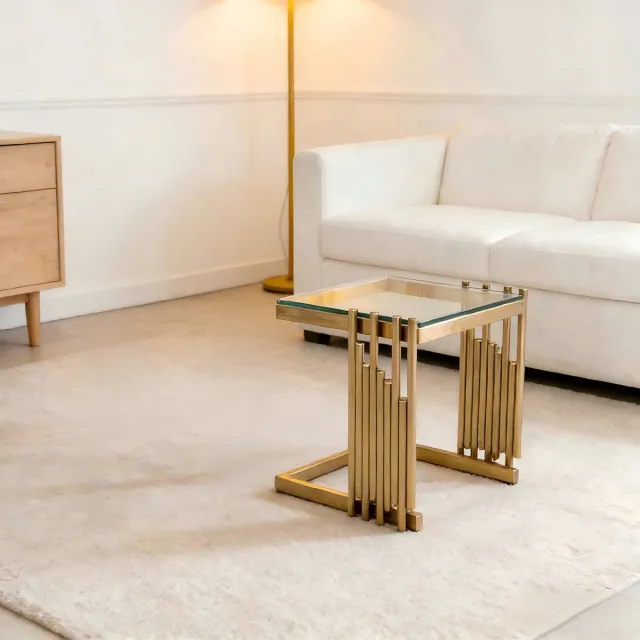 REDOM Vierkante Bijzettafel - Gehard Glas - Modern - Voor Woonkamer Of Slaapkamer - Roestvrij Staal - Goudkleurig - 41 Cm Goud+Helder