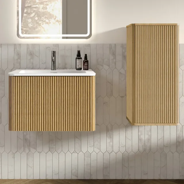 MIVRAY Badmeubel Set - Wandhangend Wastafelmeubel Met Zijdkast En Rillenstructuur - Modern Voor Badkamer En Gastentoilet - Eikenlook - 61 Cm Oak