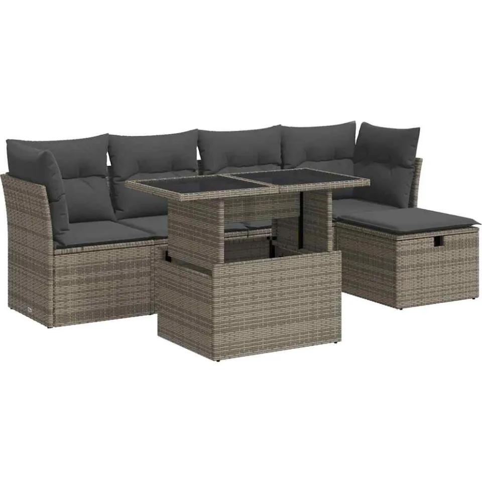 vidaXL 6-delige Loungeset met kussens poly rattan grijs, foto 3