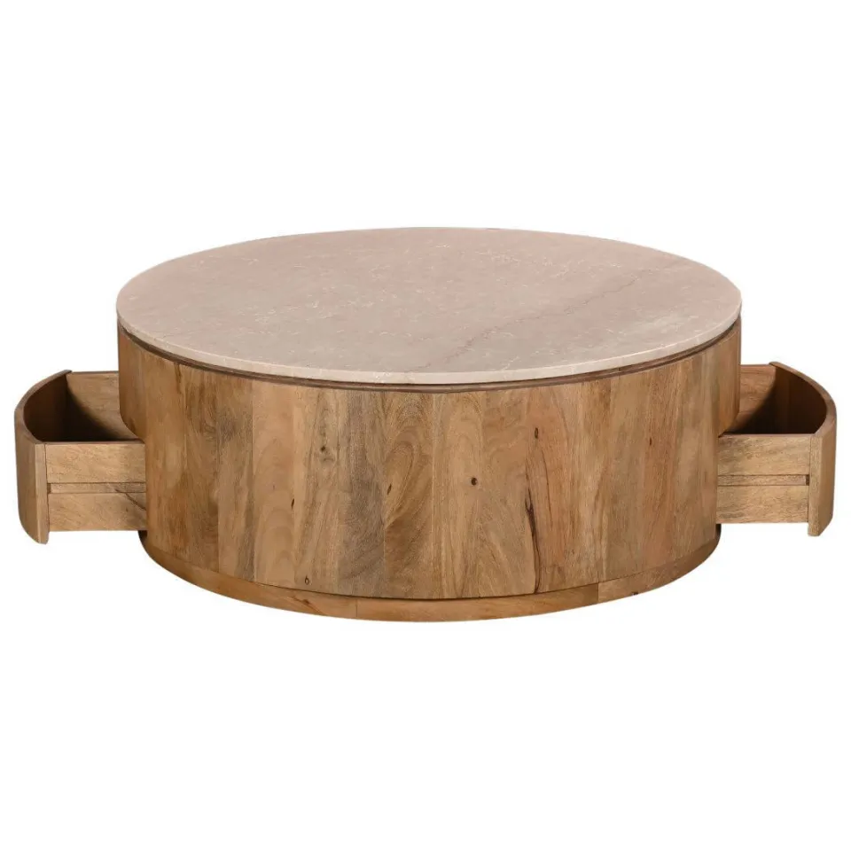 Giga Meubel Salontafel Elan Rond - Travertin - Naturel - 90x90x35cm - Incl. Lades, foto 2