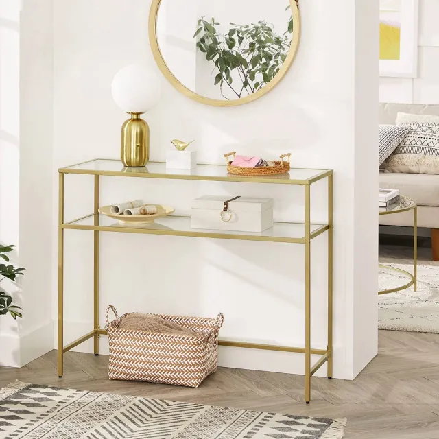 Liv's Nancy's Goldfield Console Tafel - Bijzettafel - 2 Niveaus - Gehard Glas - Metalen Frame - Verstelbare Poten - Goud - 100 x 35 x 80 cm