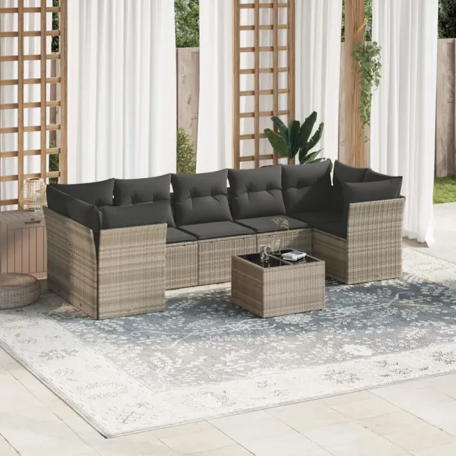 vidaXL 8-delige Loungeset met kussens poly rattan lichtgrijs grijs, foto 2