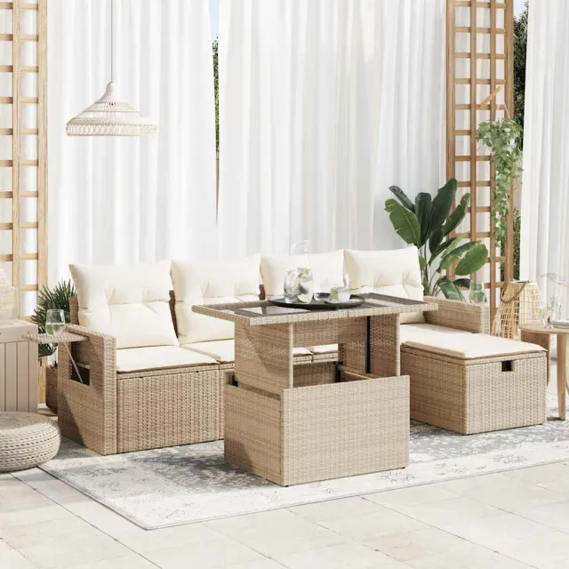 vidaXL 6-delige Loungeset met kussens poly rattan beige, foto 2