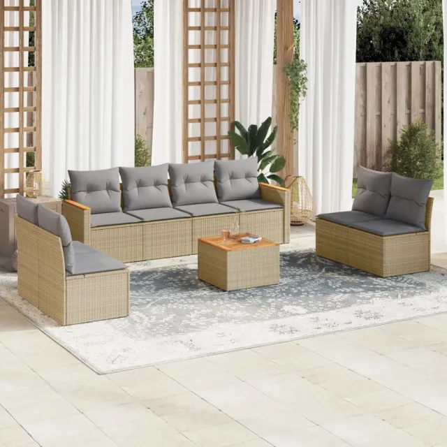 vidaXL 9-delige Loungeset met kussens poly rattan gemengd beige, foto 2