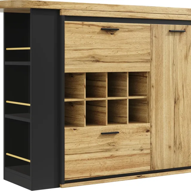 SONNENH Uitschuifbare bartafel met 2 laden, wijnrek en opbergkast - 138 tot 220 cm - Houtlook Natuurlijke houtlook / Zwart