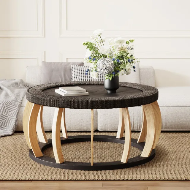 DESMIU Salontafel - Ronde Tafel Met Rotanlook En Gebogen Poten - Voor Woonkamer Keuken En Eetkamer - Hout En MDF - 90x90x43 Cm - Zwartbruin Black Brown