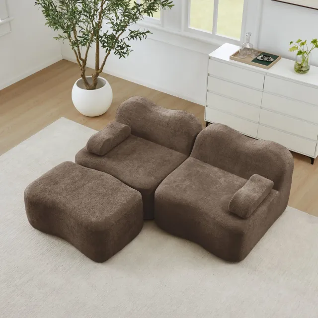 MIVRAY Hoekbank 2-Zits - Modulair Zonder Frame Met Hocker En Verplaatsbaar Armkussen - Voor Woonkamer - Fluweel Bruin