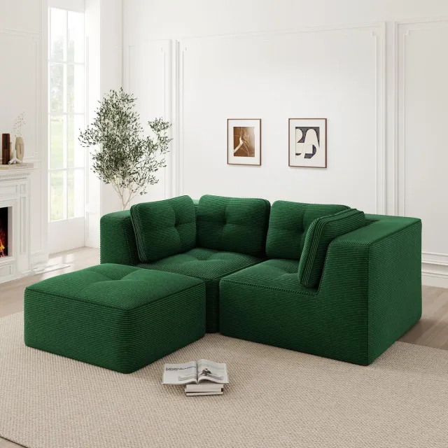 MIVRAY Hoekbank 208 x 177 cm - Modulair L-vormig 2-zits Ontwerp Met Verplaatsbare Voetbank - Voor Woonkamer En Slaapkamer - Cordstof Groen