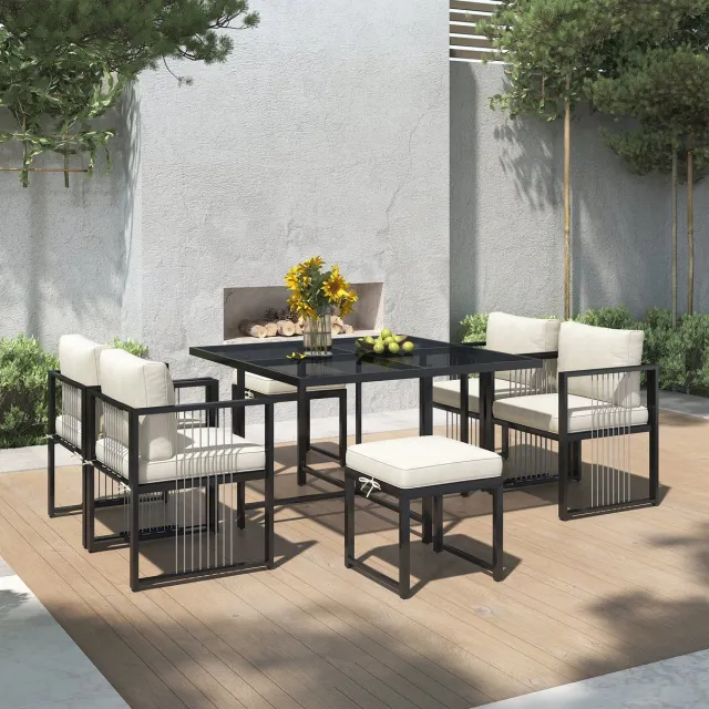 HAUSS SPOLE Tuinmeubelset Met Tafel En Stoelen - Set Van 7 - Voor Terras En Tuin Dineren Met 6 Personen - Glas En Metaal - Zwart Wit