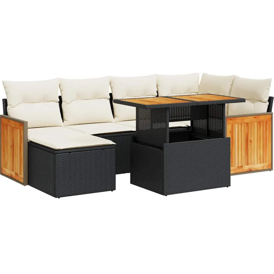 vidaXL 7-delige Loungeset met kussens poly rattan acacia zwart, foto 3