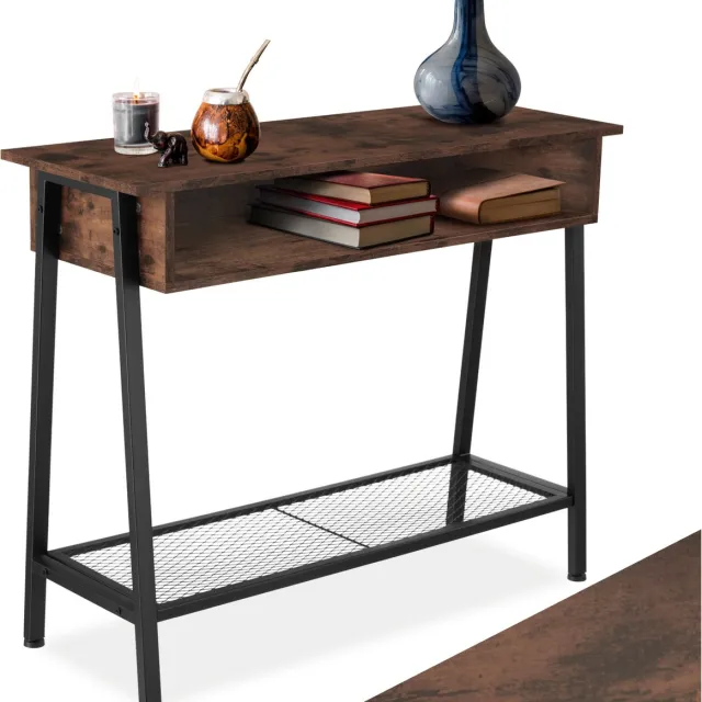 Tectake Consoletafel met opbergvak - Sidetable - Houten dressoir met roosterplank - Industrieel design - Zwart metalen frame in trapeziumvorm - Afmeting (LxBxH) 100 x 35 x 80,5 cm - Donkerbruin