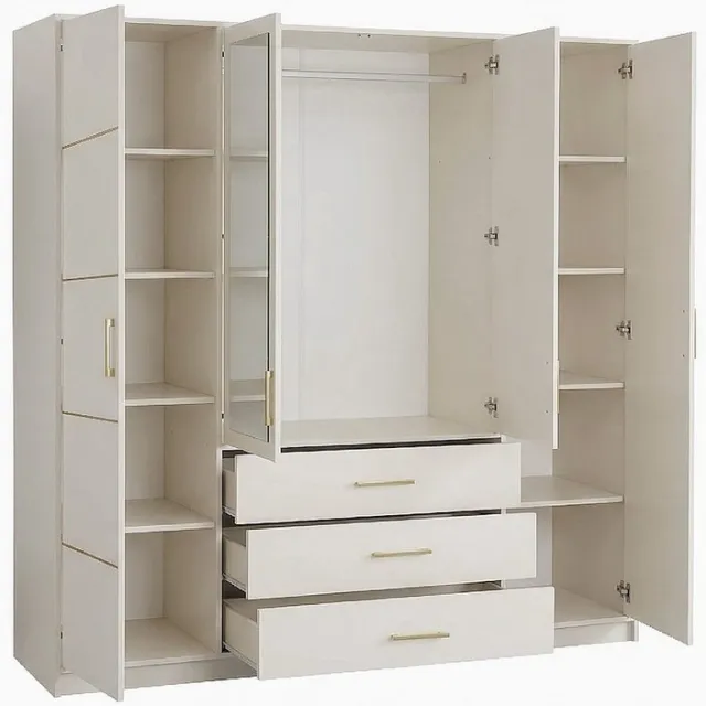 Vente-unique Kledingkast 4 deuren en 3 lades - Met spiegels - B196 - Beige en goud - MONLIO Beige, Goudkleurig