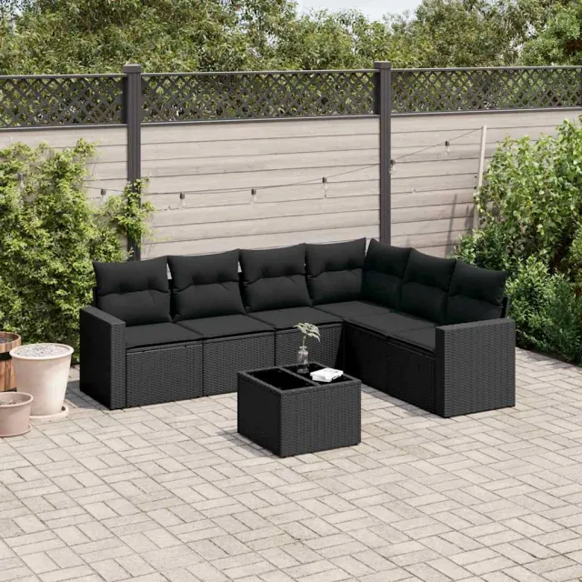 vidaXL 7-delige Loungeset met kussens poly rattan zwart, foto 2