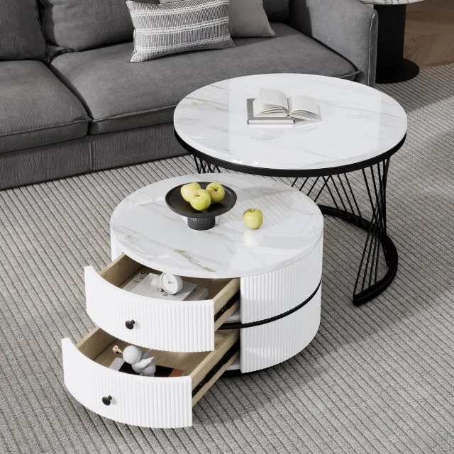 HAUSS SPOLE Salontafel - 2-Delige Ronde Nesttafel Met Hoogglans Marmerlook En 2 Lades - Voor Woonkamer - MDF - 60x60x46 cm - Wit