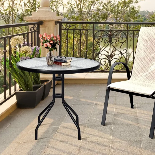 LEOBERT Ronde Tuintafel ISLAND Ø90 cm – Stijlvol Design – Gehard Glazen Tafelblad met Decoratief Patroon – Sterk Zwart Metalen Frame – Weerbestendig & Onderhoudsvriendelijk – Compact Formaat – Ideaal voor Balkon, Tuin, Terras, Patio of Serre