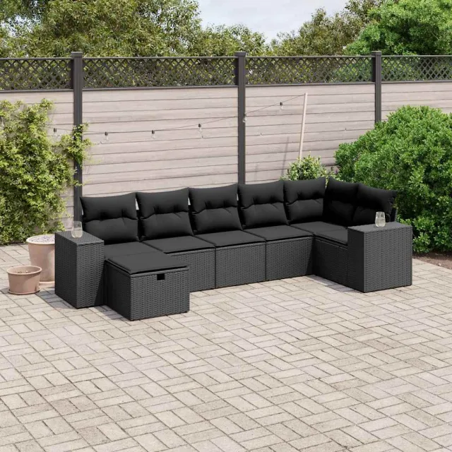 vidaXL 7-delige Loungeset met kussens poly rattan zwart, foto 2