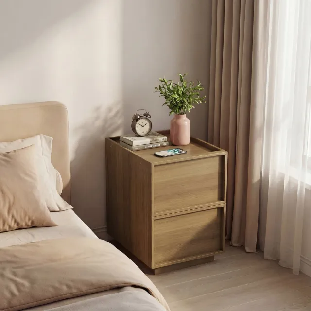 MIVRAY Nachtkastje - Minimalistisch Met 2 Greeploze Lades - Voor Slaapkamer Of Als Bijzettafel - MDF En Spaanplaat - 38x48x55 Cm Eik