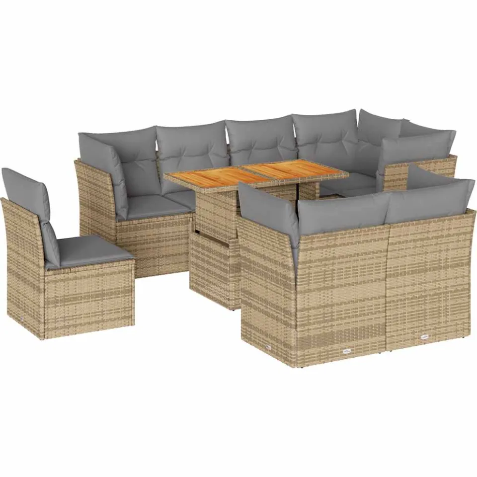 vidaXL 9-delige Loungeset met kussens poly rattan beige, foto 3