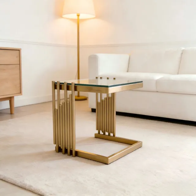 DESMIU Bijzettafel - Vierkante Tafel Van Gehard Glas - Voor Woonkamer Slaapkamer En Balkon - Rvs En Transparant Glas - 41x41x46 Cm - Goud Goud+Transparant
