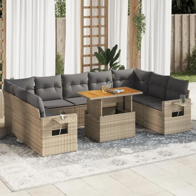 vidaXL 10-delige Loungeset met kussens poly rattan beige, foto 2