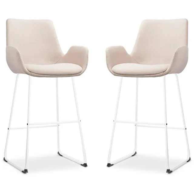 Nolon Nino-Eef Barkrukken Set van 2 Beige - met Armleuning - Wit Onderstel - 75 cm - Barkruk met Rugleuning - Lage Armleuning - Scandinavisch Beige - Wit onderstel