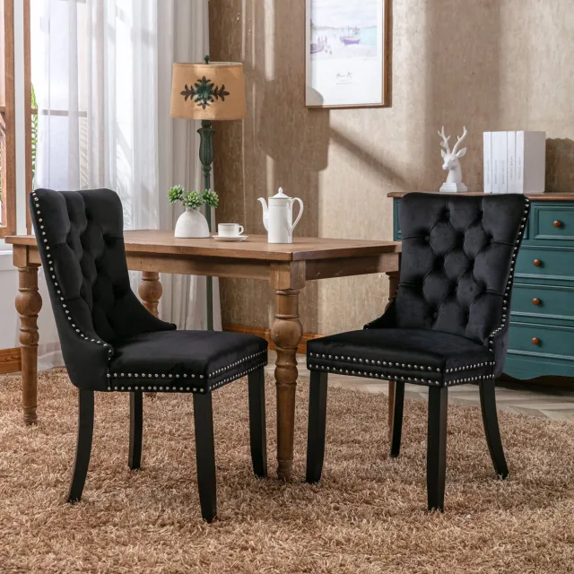DESMIU Eetkamerstoel - Set Van 2 - Gecapitonneerd Met Hoge Rugleuning En Rivet Details - Voor Eetkamer, Woonkamer En Appartement - Hout - Zwart Black