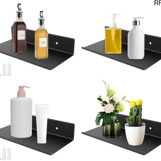 RFWR Zwarte Metalen Wandplanken Set van 4 - Zwevende Boekenkasten voor Badkamer, Keuken en Woonkamer