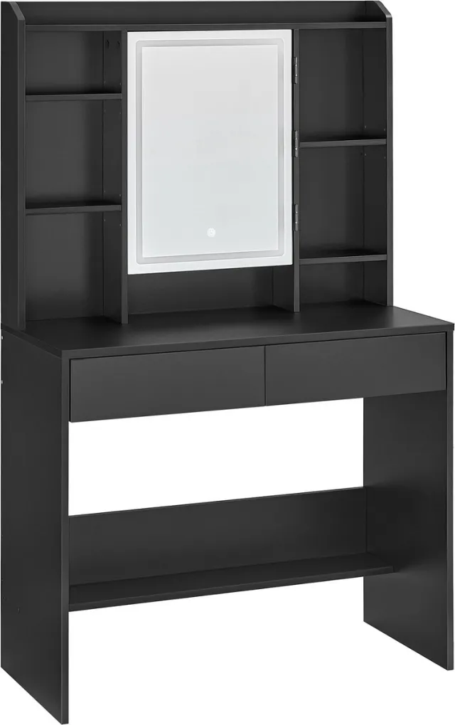 Vasagle Kaptafel - Make up tafel - Met Spiegel - LED in 3 Kleuren - Verstelbare Planken - 2 Lades Zwart