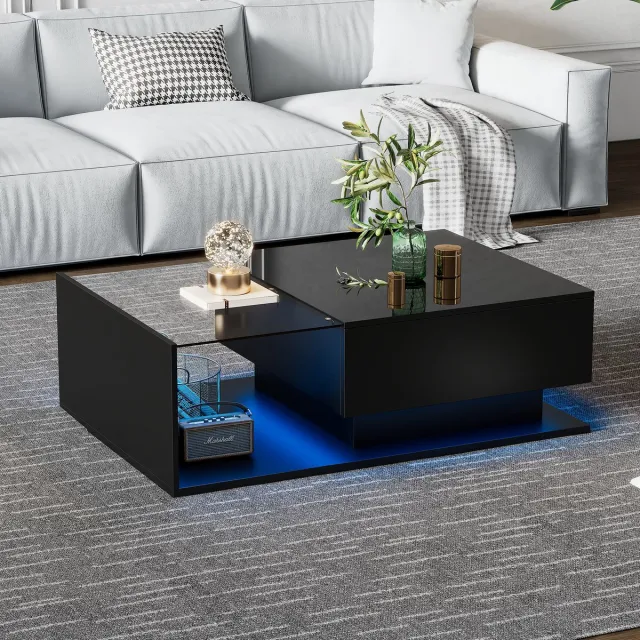 MODENUIT Salontafel - Hoogglans Met Glasplaat En Lade - Voor Woonkamer - Spaanplaat Zwart - 100x50x32 cm