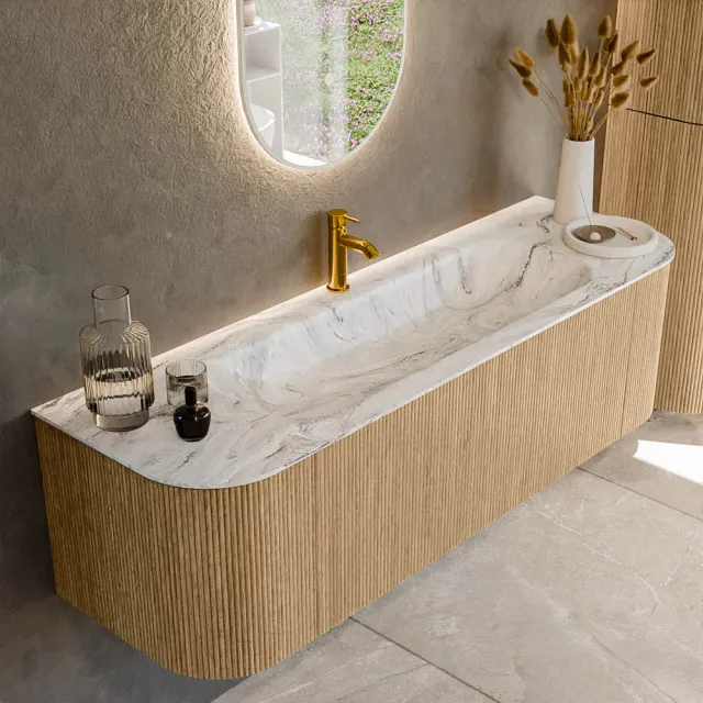 Mondiaz KURVE-DLUX 150 cm Onderkast Greeploos 1 Lade Met Deuren Oak, Wastafel Solid Surface Midden Glace 1 Kraangat Zonder Spiegel (KRVBGM150L+R1L2D1KM-Oak/Gla)