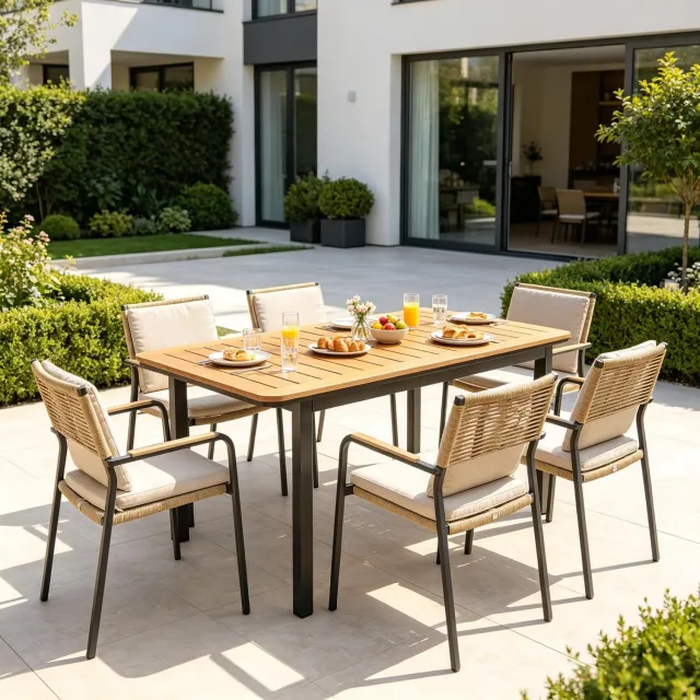 HAUSS SPOLE Tuintafel Rechthoekige Buiten Eettafel Voor 6 Personen Met Houtlook Composietblad Metaal Bruin 127 x 70 x 75 cm