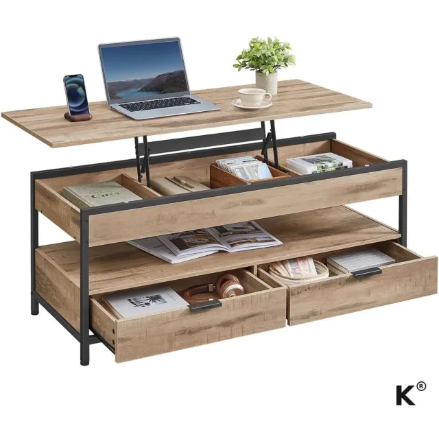 Klarven Salontafel met Opbergruimte - Verstelbare Salontafel - Bijzettafel met Lade - Salontafel - Verstelbaar Blad, Lades en Open Vakken - Bruin-Zwart Eikenkleurig/zwart