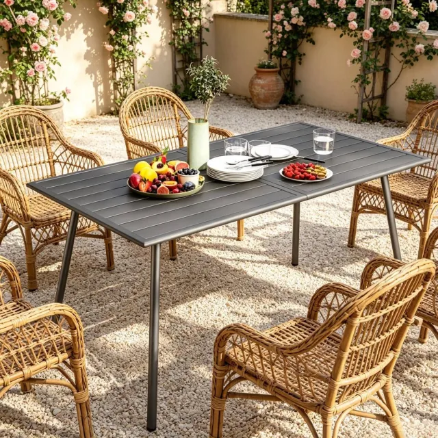 REDOM Tuintafel - Geschikt voor zes personen - Rechthoekig stalen tafelblad met afwatering - Roestbestendig frame - Terras en tuin - Staal - Grijs - 150 x 80 x 74 cm