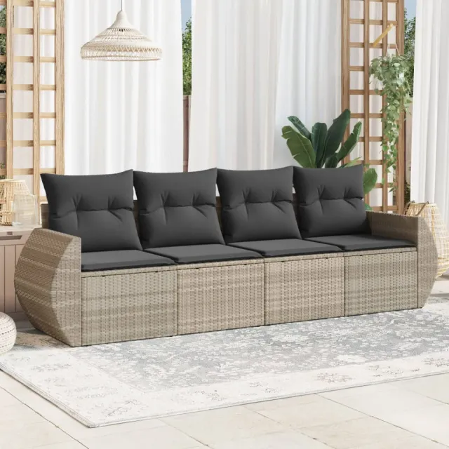 vidaXL 4-delige Loungeset met kussens poly rattan lichtgrijs grijs, foto 2