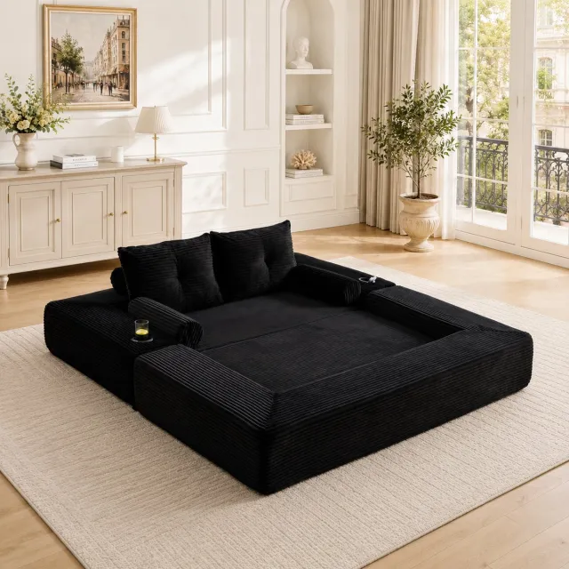 MODFU Slaapbank - Corduroy - Zwart - 2 Persoons