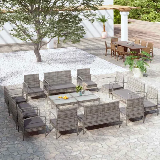 vidaXL 16-delige Loungeset met kussens poly rattan grijs, foto 2
